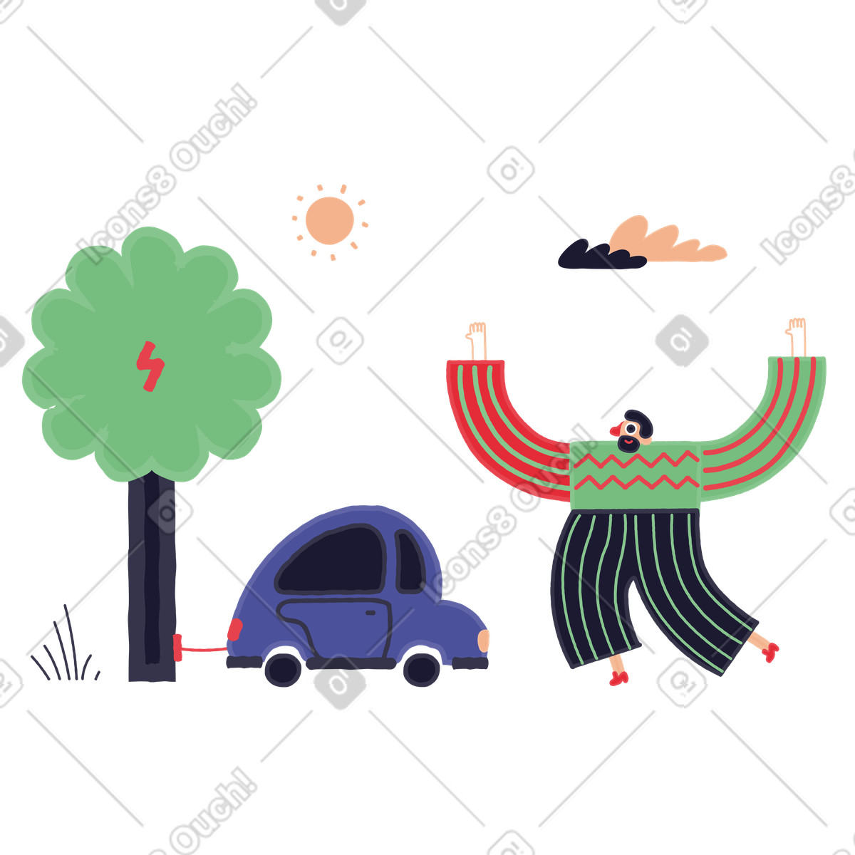 Driver charging electric vehicle at green power station, Renewable energy and clean transport illustration in Stripy style download in PNG, SVG