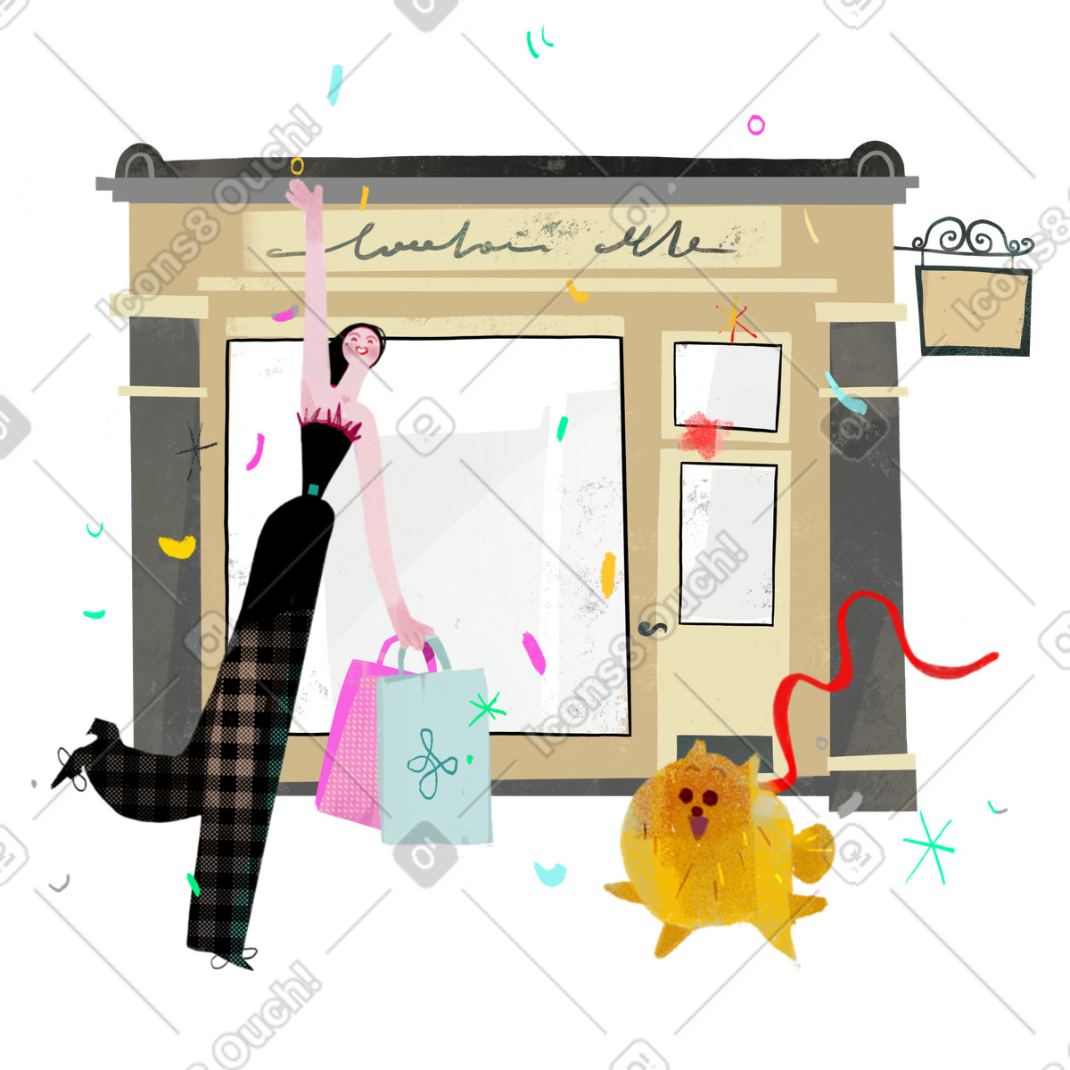 Ilustração de Mulher com sacolas compras e cachorro em no estilo Fabulous para baixar em PNG, SVG
