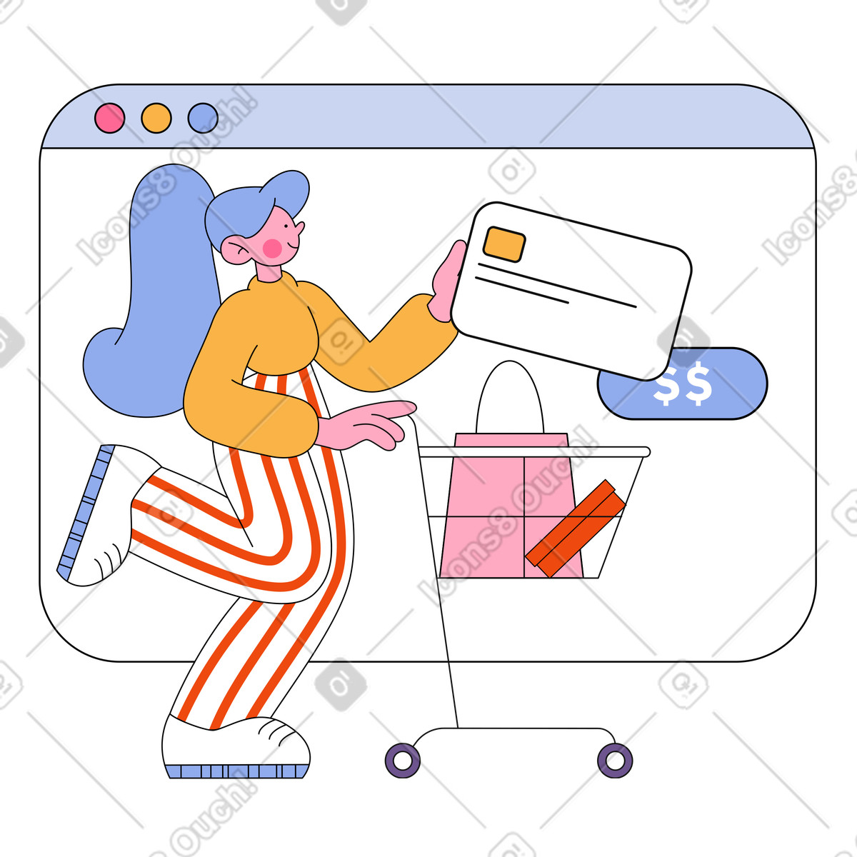 Donna che paga online per lo shopping nel browser illustrazione in stile Bloom scarica in PNG, SVG