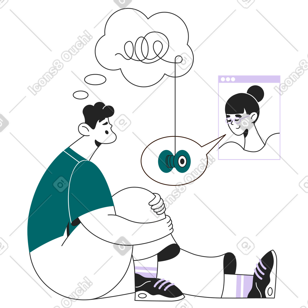Ilustración Patient expressing emotions during telehealth therapy session, online psychological support en estilo Sammy Line a descargar en PNG y SVG