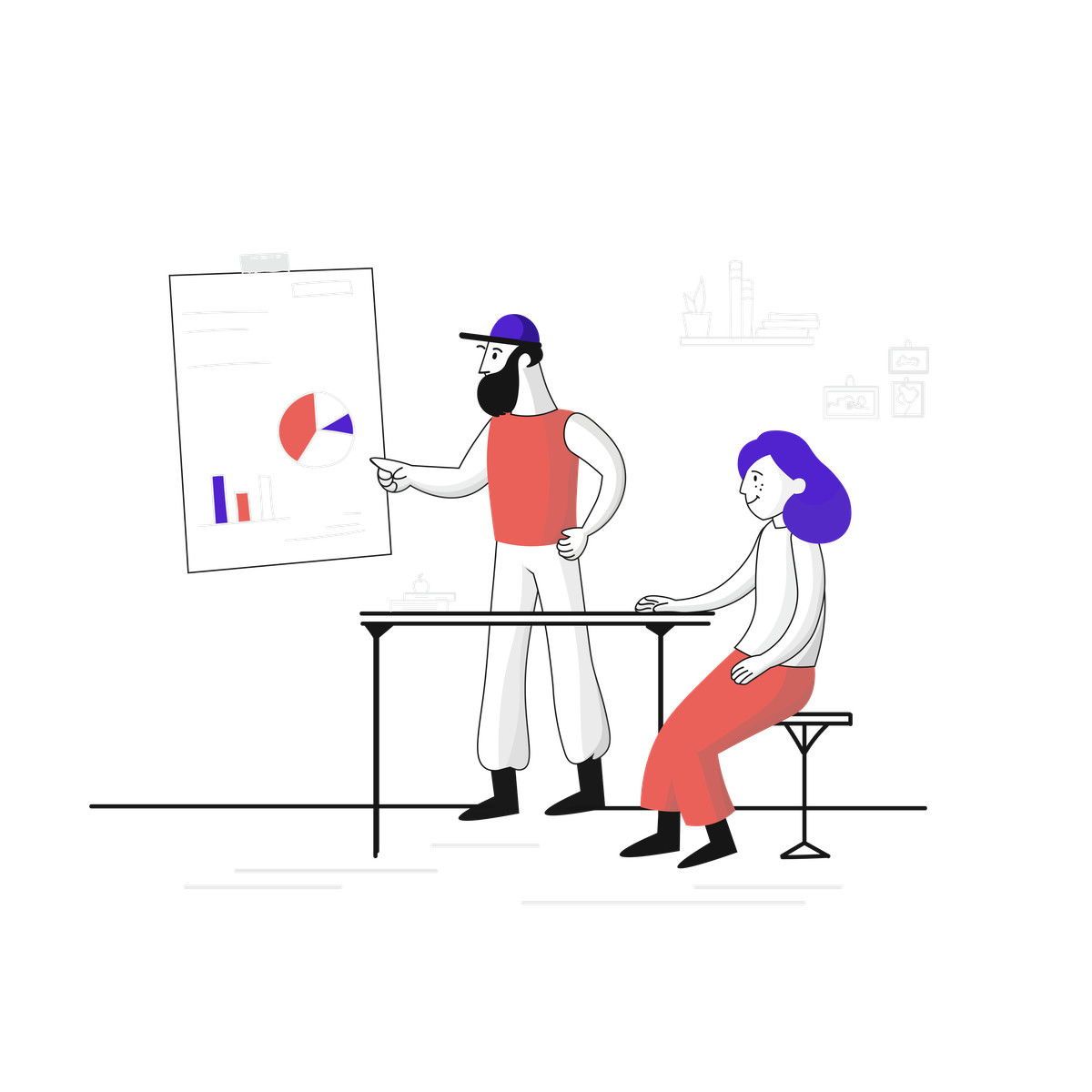 Ilustración Teacher presenting data on board to student, analysis discussion en estilo Pixeltrue a descargar en PNG y SVG