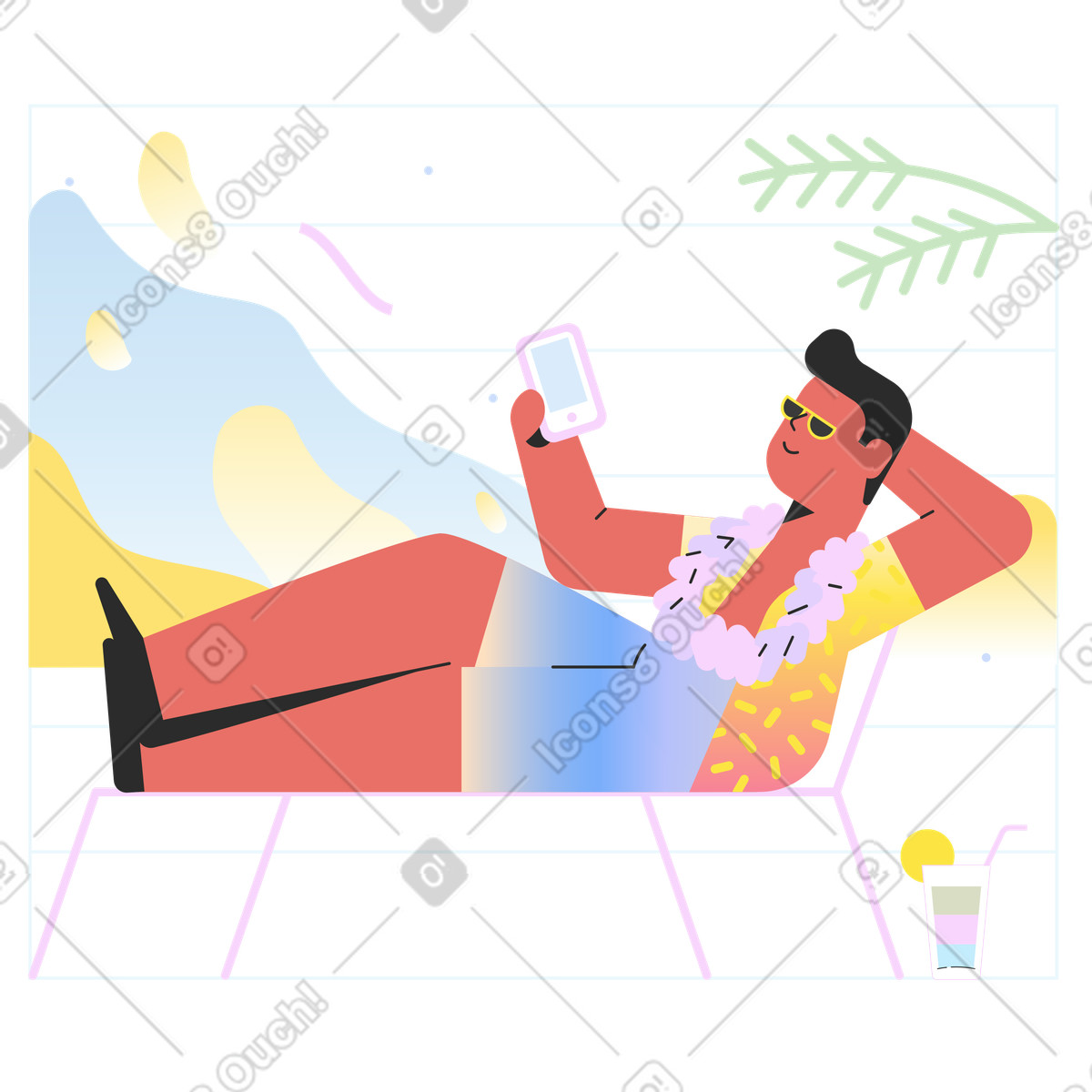 Man chilling on the beach with a cocktail and smartphone illustration in Marginalia style download in PNG, SVG