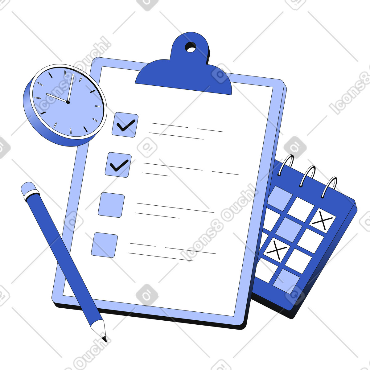 Иллюстрация Clipboard with checklist and calendar for time management в стиле Techny — скачать в форматах PNG, SVG
