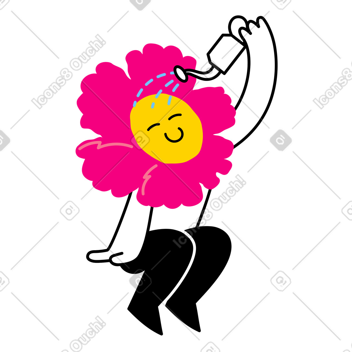 Flower-shaped character watering itself-Illustration im Giggle-Stil als Download in PNG, SVG
