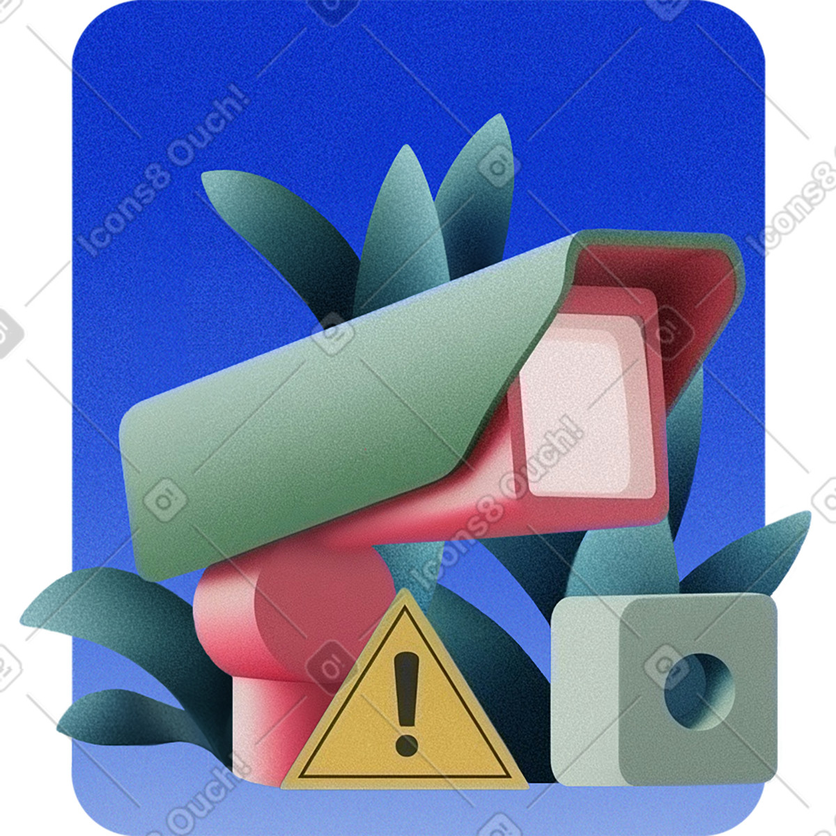 Ilustración Cámara de vigilancia con señal advertencia, alerta monitoreo video en estilo Grainy a descargar en PNG y SVG