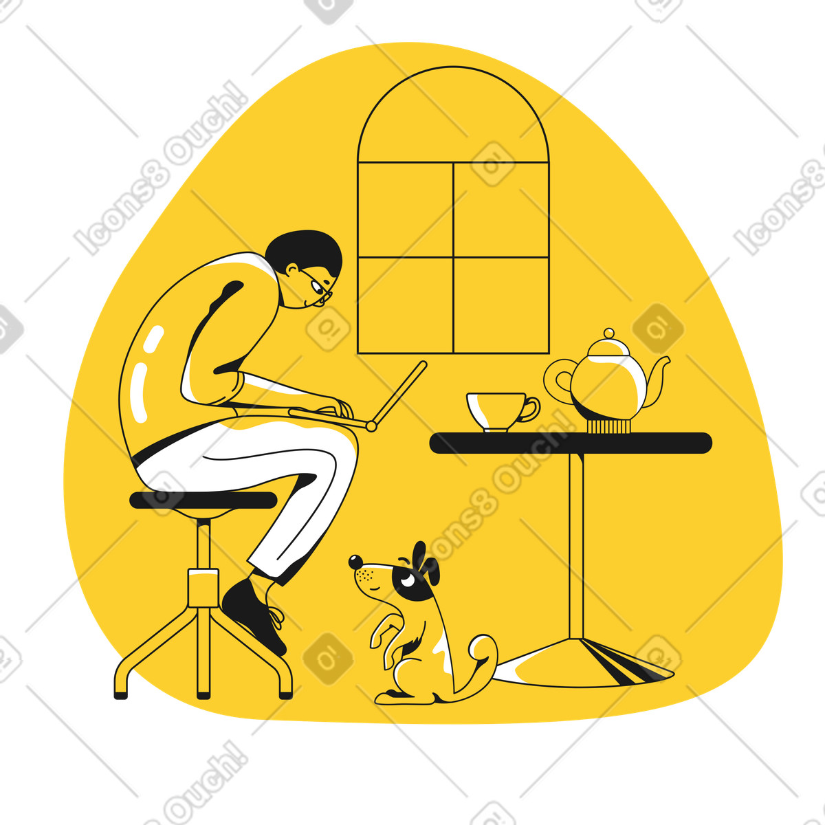 Hunched man studying online at home illustration in Taxi style download in PNG, SVG