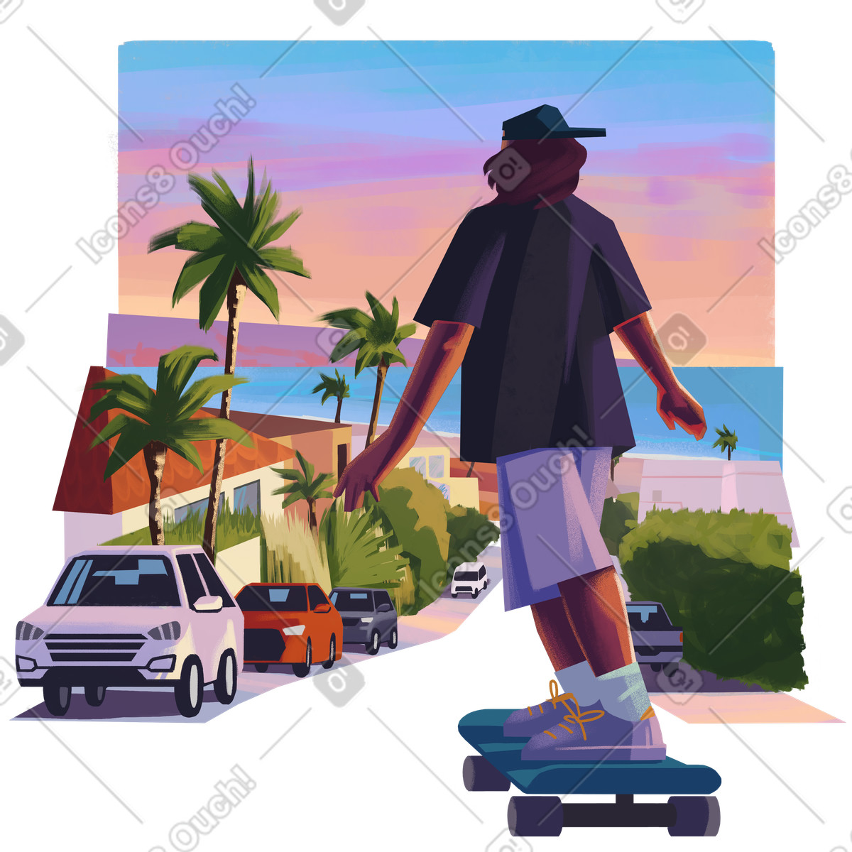 Illustration Patineur sur une route en bord de mer dans le style Lush à télécharger aux formats PNG, SVG