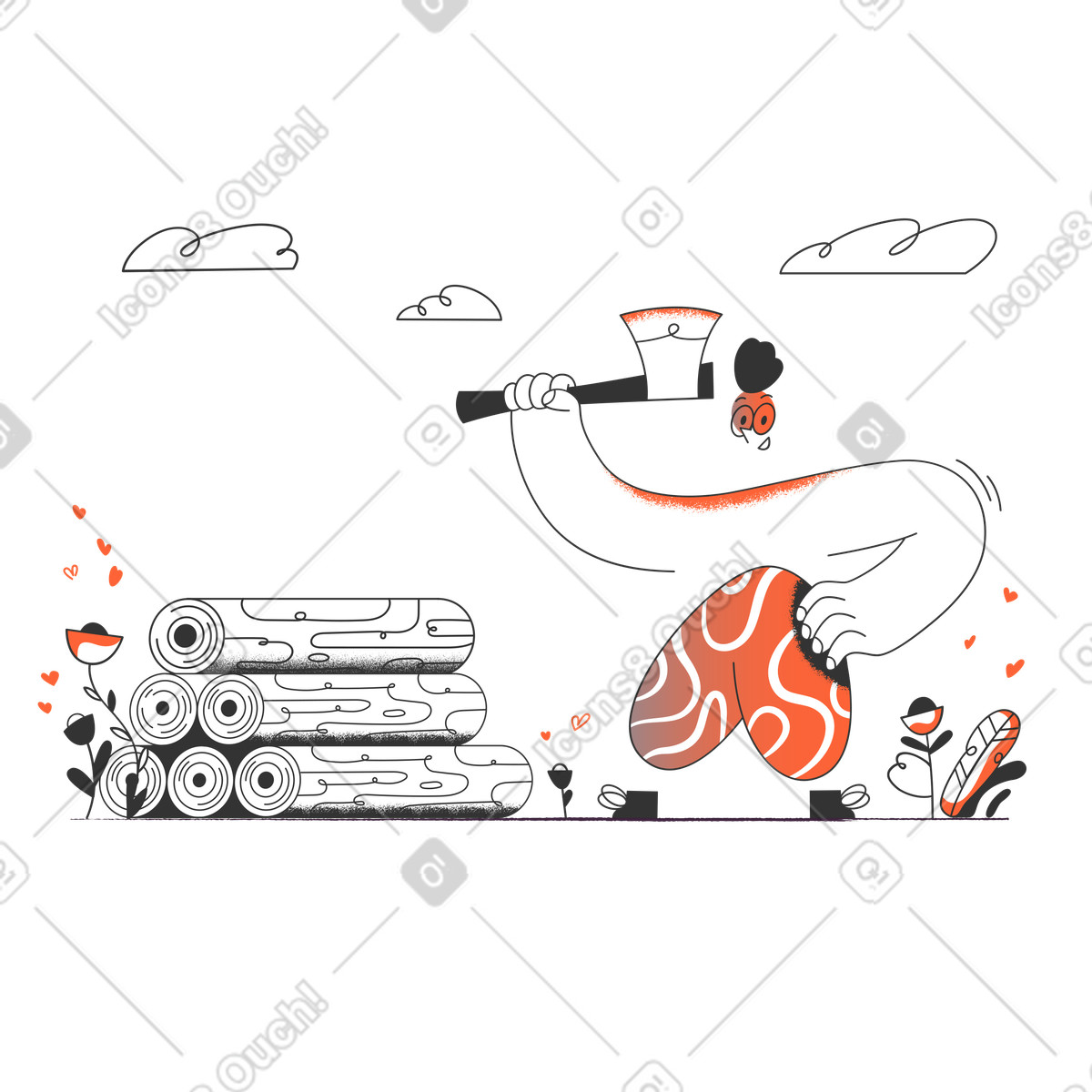 Woodcutter with axe standing next to a heap of wood illustration in PNG, SVG