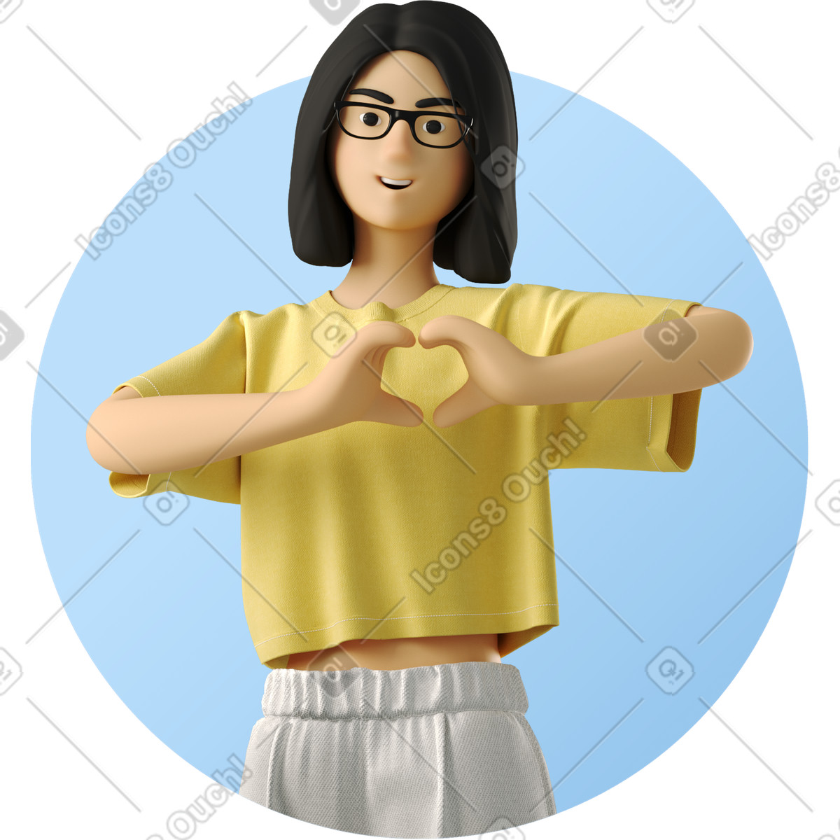 Avatar einer jungen frau, die mit ihren händen ein herz zeigt-Illustration im 3D Business-Stil als Download in PNG, SVG