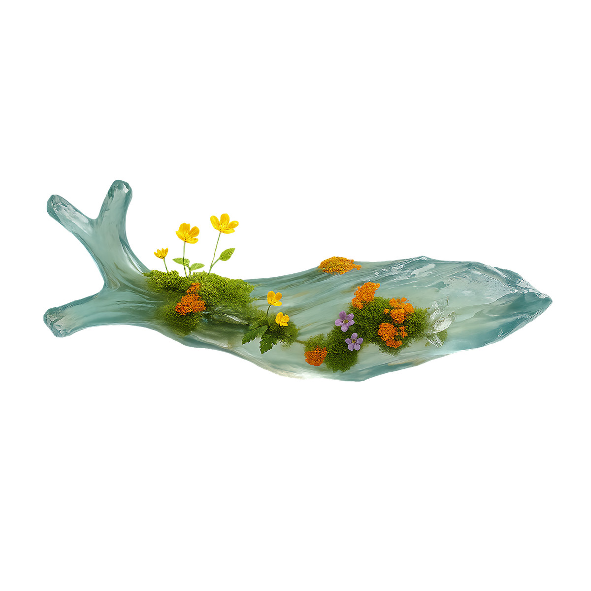 Glass driftwood log with moss and wildflowers, Nature-inspired decoration illustration in Biomorphic style download in PNG, SVG