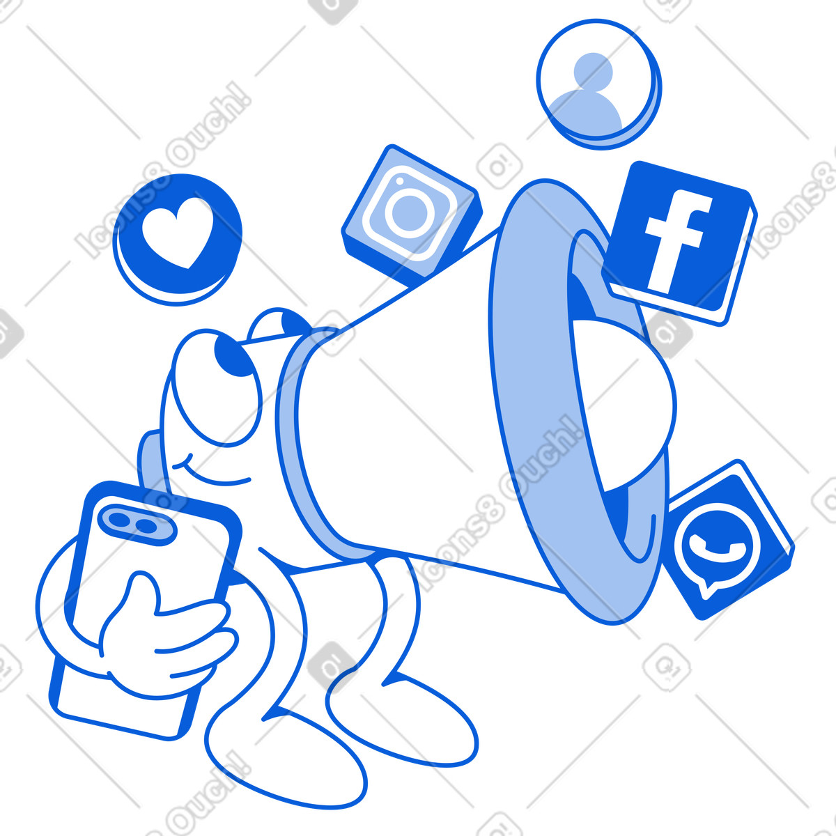 Loudspeaker character with phone and social network icons, Digital marketing mobile advertising illustrazione in stile Handy Line scarica in PNG, SVG