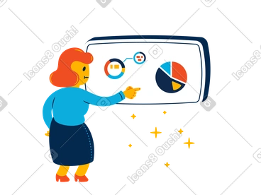 Woman pointing at pie chart on whiteboard PNG, SVG
