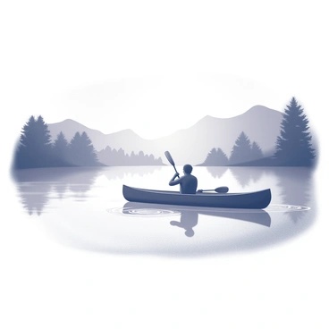 A canoe is gliding smoothly through a river shrouded in mist. The water is still, reflecting the shapes of the surrounding trees and the outline of distant hills. The horizon is illuminated by the early morning light, casting a soft glow around the canoe. The silhouette of a single canoeist is visible, paddling steadily, with the blade of the paddle creating gentle ripples in the water. The atmosphere is tranquil, with a sense of calm enveloping the scene.