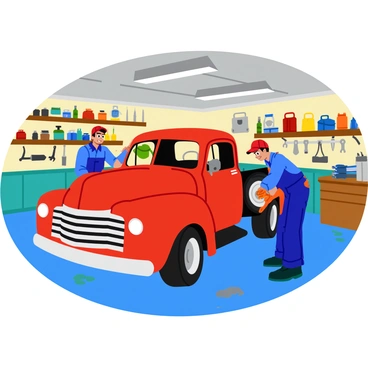 Two mechanics working diligently on a vintage large truck inside a classic garage. One mechanic, wearing a blue jumpsuit, is adjusting the engine while the other mechanic, dressed in a red cap and work gloves, is examining the truck's tire. The garage is filled with various tools hanging on the walls and a bright overhead light illuminating the scene. Wooden shelves are lined with vintage oil cans and spare parts, and the floor is covered with patches of grease and oil stains. The truck has a shiny red exterior with chrome accents, and the mechanics display focused expressions as they restore it to its former glory.