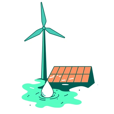 A teal wind turbine stands tall against a white background, its blades spinning gracefully in the wind. Next to it, a series of orange solar panels are positioned on a flat surface, reflecting sunlight. In the foreground, a white water droplet symbol represents hydro energy, surrounded by small waves depicted in a vibrant teal. Each icon is distinct yet harmoniously arranged to convey the theme of renewable energy.