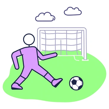 A stickman is positioned in a field, preparing to kick a soccer ball. The stickman has elongated limbs and a circular head, emphasizing its simplistic design. The soccer ball is near the stickman's foot, showcasing its classic black and white pattern. In the background, a soccer goal stands, featuring a net and white posts. The field is grassy, with indications of lines marking the playing area. A few clouds are visible in the sky above, adding to the outdoor scene.