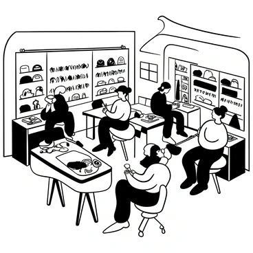 A small factory interior filled with workers engaged in crafting and painting various fishing lures. There are several workstations equipped with tools, paintbrushes, and colorful lures in different stages of completion. Some workers are carefully applying paint to lures, while others are assembling components. The walls are lined with shelves holding an array of fishing lures, showcasing various shapes and sizes. Light filters in through windows, illuminating the scene and casting shadows on the floor.
