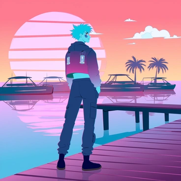 A vibrant anime character with large, expressive eyes and spiky blue hair stands on the edge of a wooden dock, gazing at the "sunset" that bathes the sky in shades of orange, pink, and purple. The character wears a casual, futuristic outfit featuring a fitted jacket with glowing accents and loose cargo pants. In the background, a serene "harbor" with gently rocking boats and distant silhouettes of palm trees is visible. The water reflects the colorful sky, creating a tranquil atmosphere. A few wispy clouds drift across the sky, adding depth to the scene.