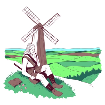 A witcher resting against a windmill on a grassy hill, with fields stretching into the distance