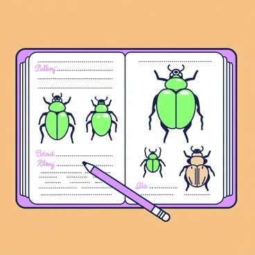 An open notebook lies on a wooden table, showcasing pages filled with intricate scientific sketches of various beetles. Each sketch is detailed, capturing the distinct features of beetles in various poses. Handwritten notes accompany the sketches, providing observations about anatomy and behavior. One page displays a large drawing of a shiny green beetle, while another features a series of smaller beetles, highlighting their shapes and colors. A pencil rests beside the notebook, adding an element of exploration and study to the scene.