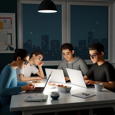 A small team of four young professionals, two men and two women, are working late in a modern office environment. Each person has a laptop open in front of them, with the screens glowing softly in the dim lighting. One woman, wearing glasses and a blue sweater, is focused on her screen while typing furiously. A man, dressed in a gray hoodie, leans back in his chair, looking thoughtfully at his laptop. The other woman, in a white t-shirt, is reaching for a takeout container of food on the table next to her, while the second man, wearing a black shirt, makes notes on a notepad. Takeout containers are scattered across the table, alongside empty coffee cups and notebooks filled with ideas. The walls are adorned with motivational posters, and a large window shows a city skyline in the background.