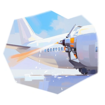 An illustration depicting a deicing system actively working on an airplane's wing. The wing, shown in detail, has a layer of frost and ice beginning to melt away. The deicing system is represented with pipes and nozzles emitting a warm fluid that flows along the leading edge of the wing. There are droplets of melted ice cascading off the wing, creating a dynamic effect. The airplane's body is visible in the background, highlighting the context of flight, while the sky above is clear and blue.