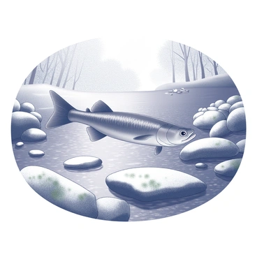 A pike fish swimming gracefully through a winding stream. The fish is streamlined with elongated body and sharp teeth, showcasing its predatory nature. The water flows gently around the pike, creating ripples and reflections. Large, smooth rocks are scattered throughout the streambed, partially submerged and covered with small patches of moss. Sunlight filtering through the trees casts dappled patterns on the water’s surface, enhancing the serene environment.