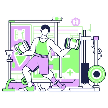 A gym scene featuring an individual performing bicep curls with vintage dumbbells. The person is wearing a sleeveless workout shirt and shorts, showcasing their arm muscles. The dumbbells are large and have a classic design, with a shiny metallic finish. In the background, there are mirrors reflecting the workout area and a wooden floor. Various pieces of retro gym equipment, such as a bench press and a punching bag, are placed around the space. The atmosphere is lively, with bright lights illuminating the workout zone.