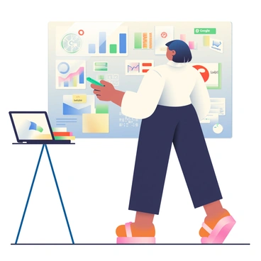 A marketer with light brown skin and short black hair is standing in front of a large whiteboard, sketching digital strategies. She is wearing a white blouse and black trousers. In her right hand, she holds a green marker, while her left hand gestures towards the whiteboard. The whiteboard features various colorful charts, including a blue pie chart and a red bar graph. Prominently displayed are several "Google" logos scattered throughout the sketches. A desk nearby holds a laptop and stacks of papers, and there are sticky notes in different colors attached to the whiteboard.