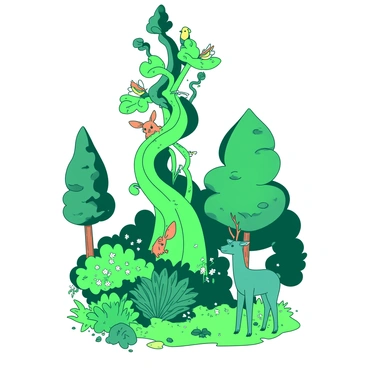 A green giant beanstalk is towering upwards from the center of a vibrant white forest. The beanstalk has thick, twisting vines and broad leaves that stretch outwards. Around the base of the beanstalk, various wildlife can be seen, including a small orange rabbit peeking out from behind the foliage. Colorful birds are perched on the branches of nearby trees, while a curious teal deer stands a few feet away, observing the scene. The forest floor is covered in rich green plants and scattered white flowers, creating a lively and bustling atmosphere.