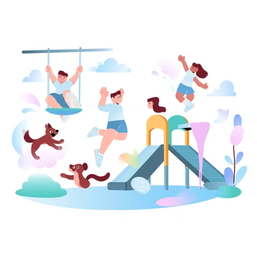 A group of children is playing cheerfully in a playground. One child is swinging high on a swing, while another is climbing a colorful jungle gym. Nearby, a playful dog is jumping around, wagging its tail, and a squirrel is perched on a low branch, watching the scene. The playground has slides and seesaws, and the ground is covered with soft grass and colorful rubber mats. Brightly colored playground equipment adds vibrancy to the scene.