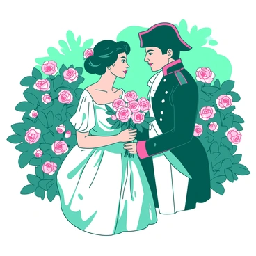 A teal rose garden filled with blooming roses creates a romantic atmosphere. In the center, "Napoleon" is depicted in a classic military uniform, looking affectionately at "Josephine," who is wearing a flowing white gown adorned with delicate floral patterns. "Josephine" holds a bouquet of pink roses close to her chest, while "Napoleon" gently touches her hand. The background features lush green foliage, with sunlight filtering through the leaves, enhancing the intimate moment they share.