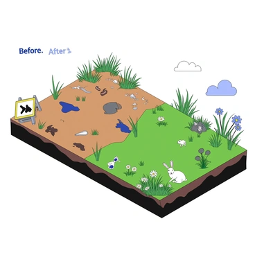 A before-and-after illustration shows a landscape split in two. On the left side, the area is depicted as polluted, with brown, barren soil scattered with debris and trash. Weeds and sparse vegetation struggle to grow, and there are signs of contamination, such as warning signs and dark stains on the ground. On the right side, the area is transformed after the successful soil pollution cleanup. The soil is clean and healthy, covered with vibrant grass and wildflowers. A variety of thriving plants are visible, and small animals like rabbits and birds can be seen enjoying the revitalized environment. The sky is clear, and the overall scene conveys a sense of renewal and recovery.