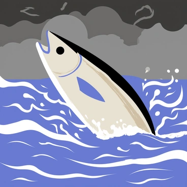 A tarpon with a shiny silver body is swimming vigorously through choppy waves. The water is a deep blue with white foam breaking on the surface. Above, dark stormy skies are filled with swirling gray clouds, suggesting an impending storm. The waves are dynamic, with splashes of water being kicked up as the tarpon moves through the turbulent sea.