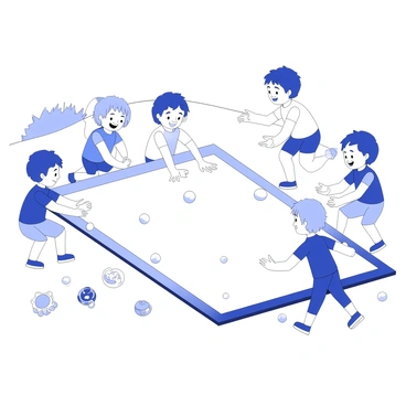 A group of kids is gathered around a large sheet of bubble wrap laid out on the ground. Each child is taking turns pressing down on the bubbles with their hands, creating a series of popping sounds. One child is laughing, showing a wide smile, while another is playfully jumping up and down in excitement. There are various colorful toys scattered around them, and the scene captures their joyful expressions and their focus on the bubble wrap. The background contains a grassy area with a few trees, adding depth to the playful atmosphere.