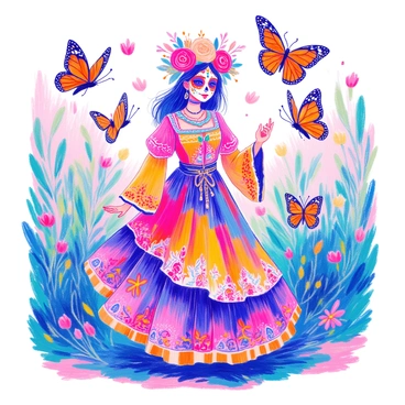 A Catrina figure stands gracefully, adorned in a colorful dress with intricate patterns and decorative elements. Her face is painted in traditional skull makeup, showcasing vibrant flowers and geometric designs. Surrounding her are several fluttering Monarch butterflies, their orange and black wings spread wide as they dance in the air. The background features soft greenery, complementing the lively colors of the butterflies and the Catrina's attire.