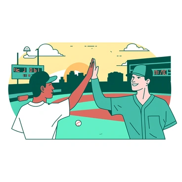 A teal baseball player with a cap and a jersey is high-fiving a teammate wearing a white jersey after a game. The player receiving the high five has a wide smile, showing excitement and celebration. In the background, there is a glimpse of a baseball field and a scoreboard, indicating a recent game. The sun is setting, casting a warm glow over the scene, highlighting the camaraderie between the players.