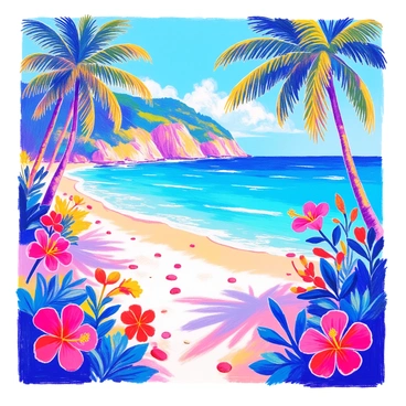 A tropical beach scene features vibrant turquoise waters gently lapping against the shore. The sand is white and fine, dotted with smooth pebbles. In the foreground, there are large palm trees with green fronds swaying in the light breeze. Colorful flora, including bright hibiscus flowers in shades of red, pink, and yellow, is scattered throughout the scene. In the background, distant cliffs rise majestically, partially covered with lush greenery. The sky is clear with a few fluffy white clouds.