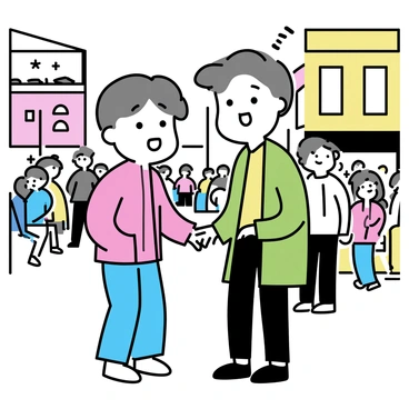 Two old friends are standing on a busy street, surrounded by a crowd of people. One friend, wearing a red jacket and blue jeans, has wide eyes and an open mouth, showing surprise. The other friend, in a green coat and black trousers, is smiling with raised eyebrows. They are facing each other, with their arms slightly lifted as if about to embrace. The street behind them is filled with blurred figures, cars, and colorful storefronts, creating a sense of liveliness.