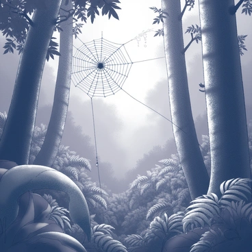 A dense rainforest filled with towering trees and lush greenery. The atmosphere is shrouded in mist, creating a soft, ethereal quality to the environment. Dew-covered spider webs are intricately woven between the branches, glistening in the muted light. Leaves are heavy with moisture, and droplets are forming and dripping from their edges. The ground is thick with ferns and other underbrush, adding to the richness of the scene. The overall composition conveys a sense of tranquility and vibrancy in the heart of nature.