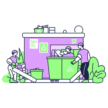 A recycling center is actively processing materials to promote sustainability. Various bins labeled with symbols for plastic, paper, and metal are arranged throughout the space. Workers are wearing safety gear as they sort through the materials, placing items into the appropriate bins. Conveyor belts are visible, transporting materials to different sections of the facility. Posters with "Reduce CO2" and recycling symbols are displayed on the walls. Outside the building, green plants are visible, highlighting the importance of environmental care. The overall atmosphere reflects a commitment to reducing waste and promoting ecological responsibility.
