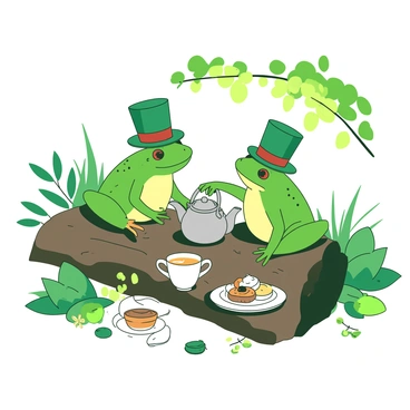 Two green frogs wearing tiny top hats are sitting across from each other on a mossy log. The log is surrounded by vibrant green leaves and small flowers. Each frog has a delicate teacup in front of them, filled with a light-colored tea. One frog is reaching for a plate of assorted colorful pastries, while the other is pouring tea from a small silver teapot. Sunlight filters through the leaves above, casting dappled light on the scene.