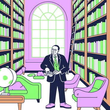 Langston Hughes is standing in a grand, old library filled with towering wooden bookshelves that stretch to the ceiling, lined with countless books. He is examining a book with a thoughtful expression on his face. Hughes is dressed in a dark suit with a white shirt and a patterned tie. Soft, filtered light streams through large arched windows, illuminating dust particles floating in the air. In the background, a tall, ornate ladder leans against the shelves, and there are plush seating areas with green upholstery scattered around the library. A large globe sits in one corner, and a wooden table with an open book is nearby.