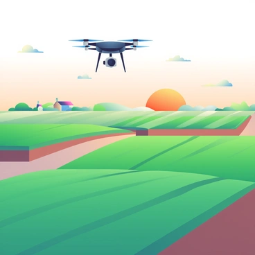 A small drone with four propellers is hovering above a vast expanse of green farmland. The drone is sleek and black, with a shiny body that reflects the warm colors of the sunrise. Below, the farmland is divided into large patches of vibrant green crops, some rows neatly planted while others show signs of rippling soil. The sky is painted in soft oranges and pinks as the sun rises on the horizon, casting a gentle light over the landscape. Wispy clouds scatter through the sky, catching the early morning light, and a small dirt path winds through the fields, leading towards a distant farmhouse at the edge of the farmland.