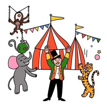 A whimsical circus scene featuring various acrobatic cartoon animals, including a playful monkey swinging from a trapeze, a graceful elephant balancing on a ball, and a nimble tiger performing a handstand. The ringmaster is a light-skinned man with a top hat and a colorful jacket, gesturing enthusiastically with his arms raised. In the background, vibrant circus tents with red and white stripes can be seen, along with colorful bunting hanging overhead. The atmosphere is lively and filled with excitement, showcasing the joyful energy of the circus.