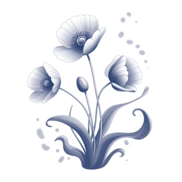 A group of poppy flowers in full bloom, characterized by their delicate petals and prominent black centers. The flowers are surrounded by flowing, swirling shapes that suggest movement and energy. The scene captures the dynamic interaction of the poppies with their environment, emphasizing their natural beauty amidst a lively composition. The overall arrangement highlights the distinct forms of the flowers and the intricate patterns created by the swirling elements.