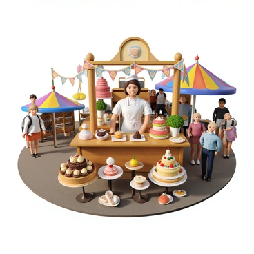 A baker standing behind a decorated wooden stall at a fair, wearing a white apron and a baker's hat. The baker has short brown hair and a friendly smile. The stall is adorned with colorful bunting and fairy lights. Displayed on the counter are a variety of cakes and pastries, each uniquely decorated with icing, fruits, and edible flowers. There are tiered cakes in pastel colors, fruit tarts with shiny glazes, and an assortment of cookies and cupcakes. A few customers are gathered around, admiring the baked goods. Brightly colored fair tents and people enjoying the festivities can be seen in the background.