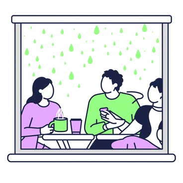 A cozy coffee shop window view on a rainy day, with people enjoying their drinks inside.