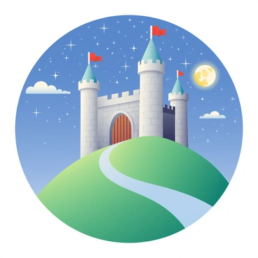 A majestic medieval castle with tall stone towers and a large wooden door sits atop a hillside. The castle is illuminated by the silver glow of a starry night sky filled with countless twinkling stars. The towers of the castle have pointed roofs and are adorned with banners fluttering in the night breeze. Below the castle, a winding path leads up the hill, bordered by lush green grass under the soft light of the moon. In the background, a few wispy clouds float across the night sky, enhancing the enchanting atmosphere of the scene.