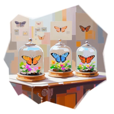 A Victorian menagerie featuring an elegant display of exotic moths in glass terrariums. The setting includes ornate wooden cabinets with intricate carvings holding various specimens. Each terrarium is filled with lush greenery and colorful flowers, providing a natural habitat for the moths. The moths exhibit vibrant patterns in their wings, showcasing a variety of colors such as deep blues, bright yellows, and rich browns. Delicate lighting illuminates the display, highlighting the unique details of each moth's wings. In the background, there are vintage posters depicting different species of moths, adding to the historical atmosphere.